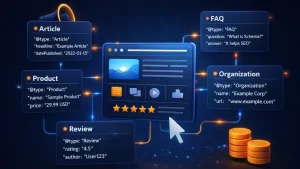 Schema markup SEO illustration showing article, FAQ, product, review, and organization structured data