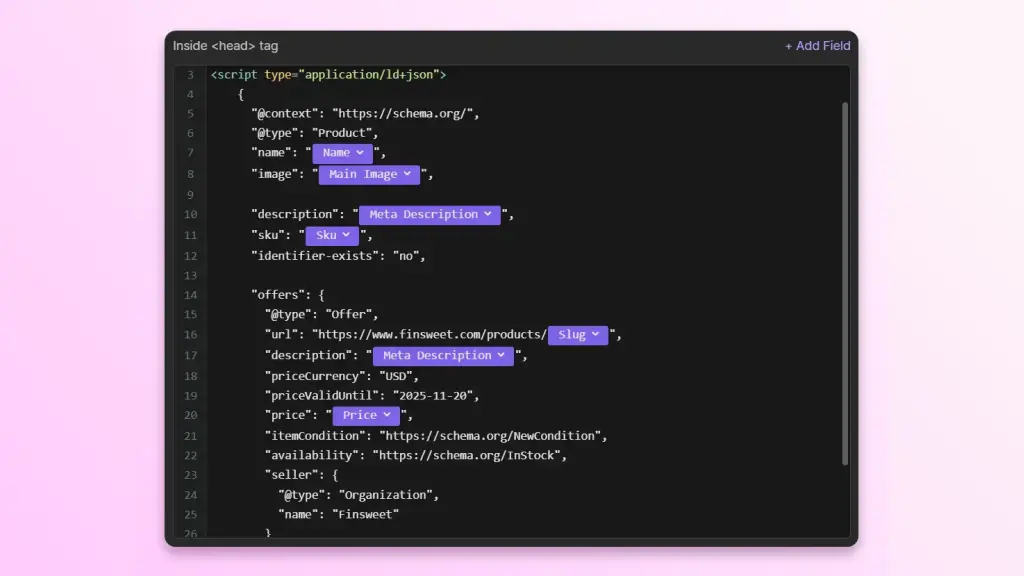 Product schema markup JSON-LD code inside head tag showing price, SKU, offer, and metadata fields