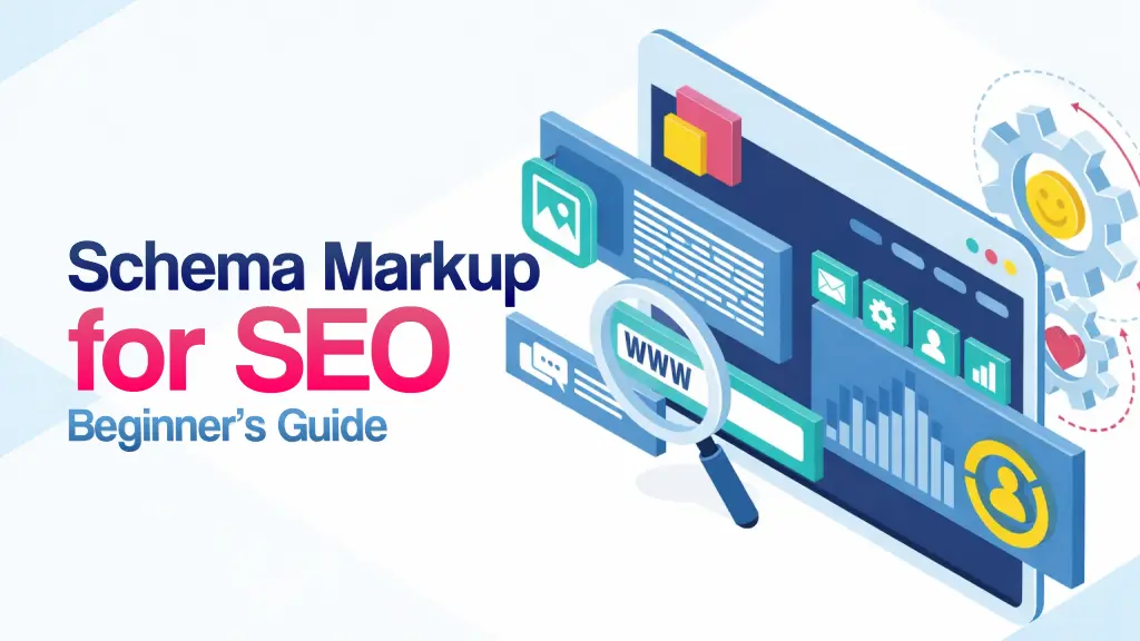 Schema markup for SEO beginner’s guide showing website elements, structured data icons, and search analysis