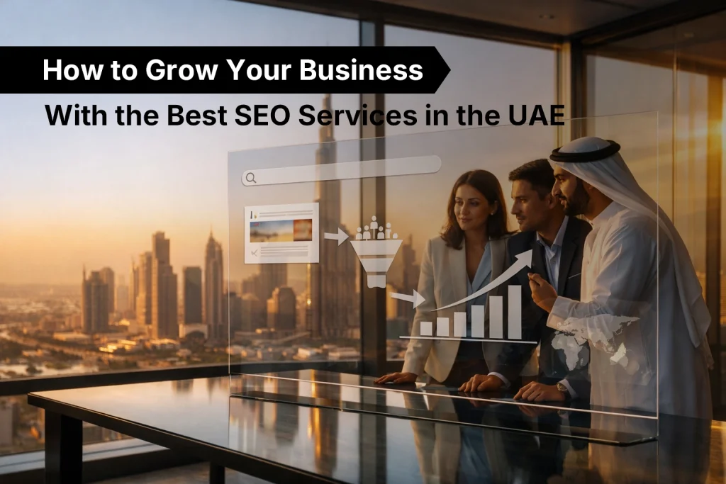 The UAE business team is reviewing the Best SEO Services growth strategy with the analytics dashboard in Dubai.