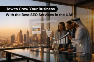 The UAE business team is reviewing the Best SEO Services growth strategy with the analytics dashboard in Dubai.