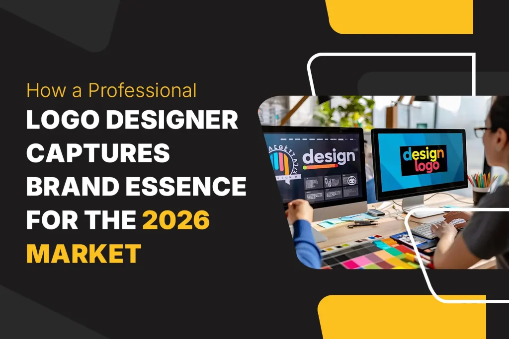 Professional logo designer creating brand identity for 2026 market with modern creative design tools