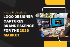 Professional logo designer creating brand identity for 2026 market with modern creative design tools
