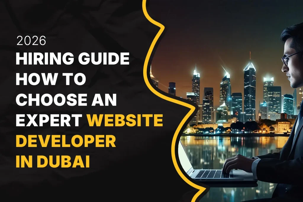 Expert website developer in Dubai working on laptop with city skyline – 2026 hiring guide resource