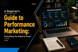 Performance marketing dashboard showing ad metrics, ROI, conversion rate, and growth targets.