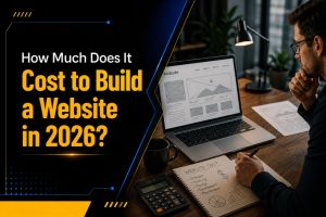 Cost to Build a Website with charts and coins representing website development costs and growth.
